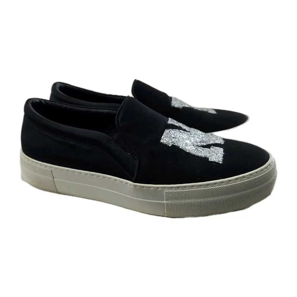 Joshua Sanders Slip On Sneakers Womens‎ 38 7.5 Black Satin Glitter NY New York